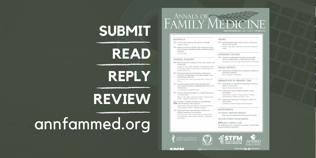 cover of the annals of family medicine with text list reading Submit, Read, Reply, Review, annfammed.org